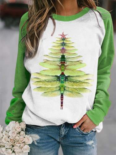 Women's Dragonfly Christmas Tree Print Sleeve Sweatshirt