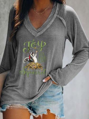 Women's Christmas Joy To The Squirrel Casual V-Neck Long-Sleeve T-Shirt