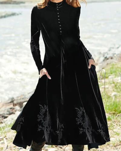 Large Swing Mid Length Black Long Sleeve Solid Velvet Dress