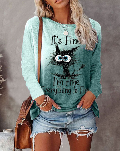 It's Fine, I'm Fine Everything Is Fine Cat Gradient Print Top