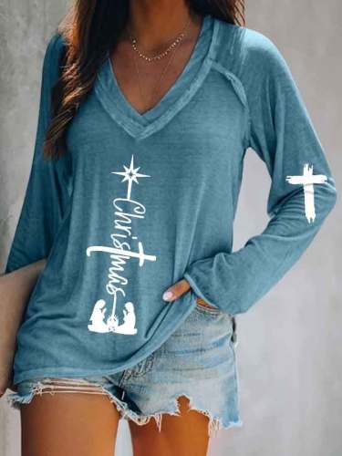 Women’s Faith Christmas Print V-Neck Casual T-Shirt