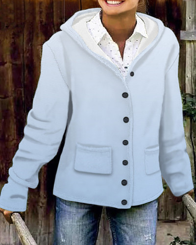 Casual Gradient Long Sleeve Woolen Button Hooded Coat
