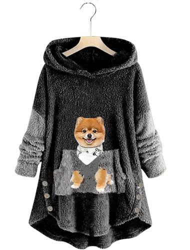 Women's Plus Size Teddy Coat Print Animal Dog House Long Sleeve V Wire Regular Spring Fall Green Pink Dark Gray XL XXL 3XL 4XL 5XL / Loose Fit