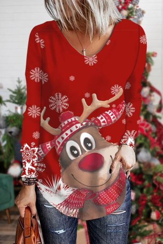 Christmas Elk Abstract  V Neck Casual Tops