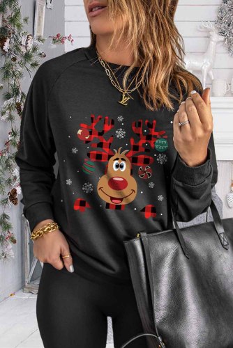 Christmas Plaid Cartoon Elk Print Sweatshirt