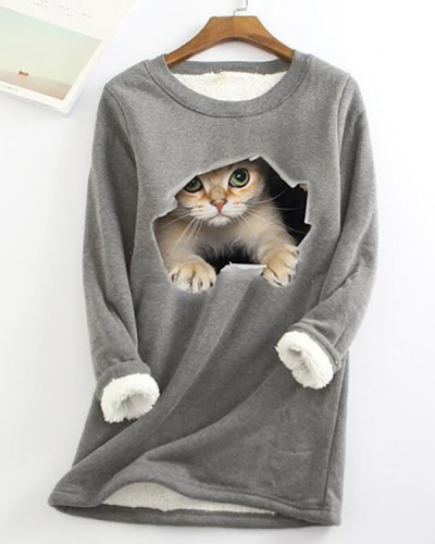 Cat Print Thermal Wool Regular Crew Sweatshirt