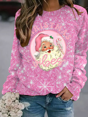 Women's Pink Christmas Santa Print Loose Sweatshirt