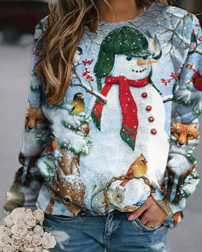 Christmas Snowman Bird Casual Long Sleeve Top