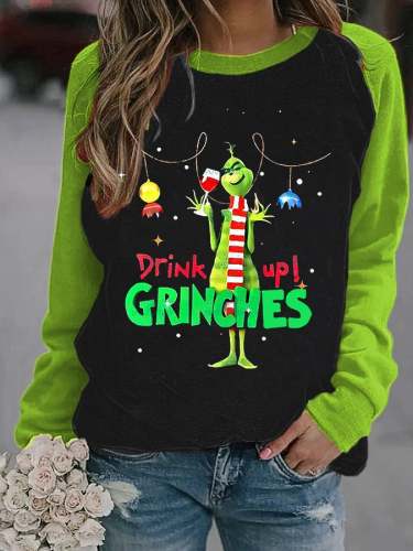 Women's Christmas Lights Drink Up Grinches Print Casual Sweatshirt