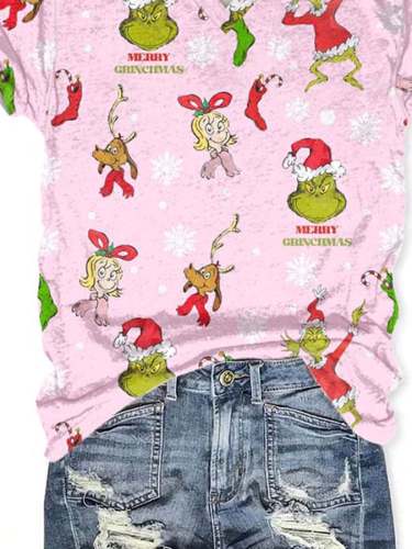 Pink Grinch Merry Christmas Print T-Shirt