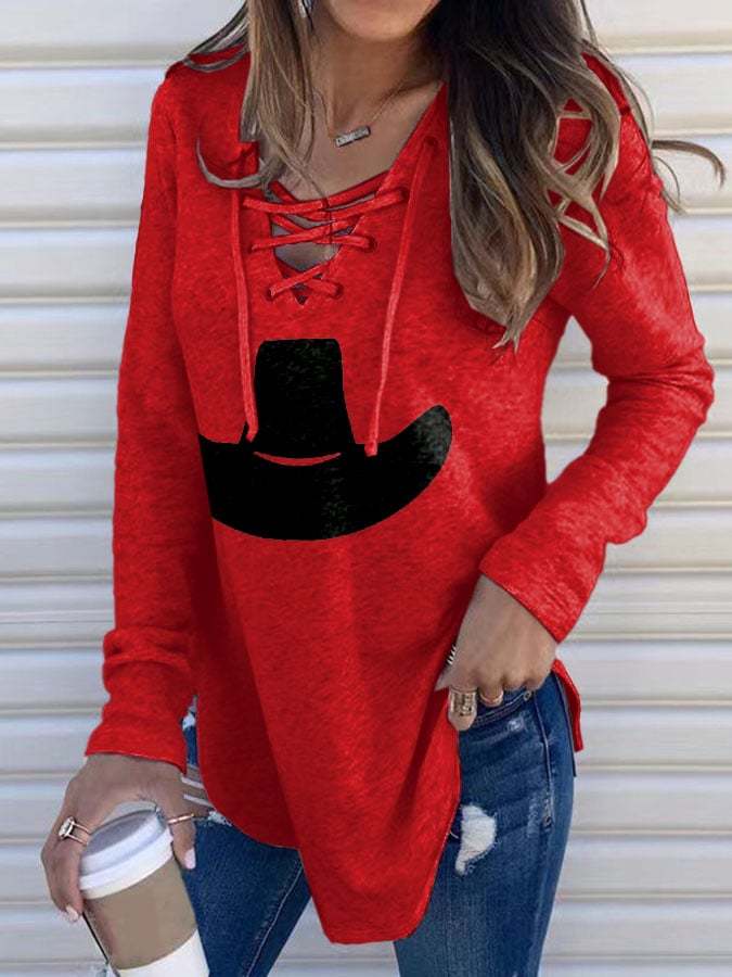 Women's Cowboy Hat Print Lace-up V-Neck Long Sleeve T-Shirt