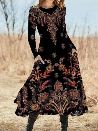 Vintage Ethnic Print Long Sleeve Dress