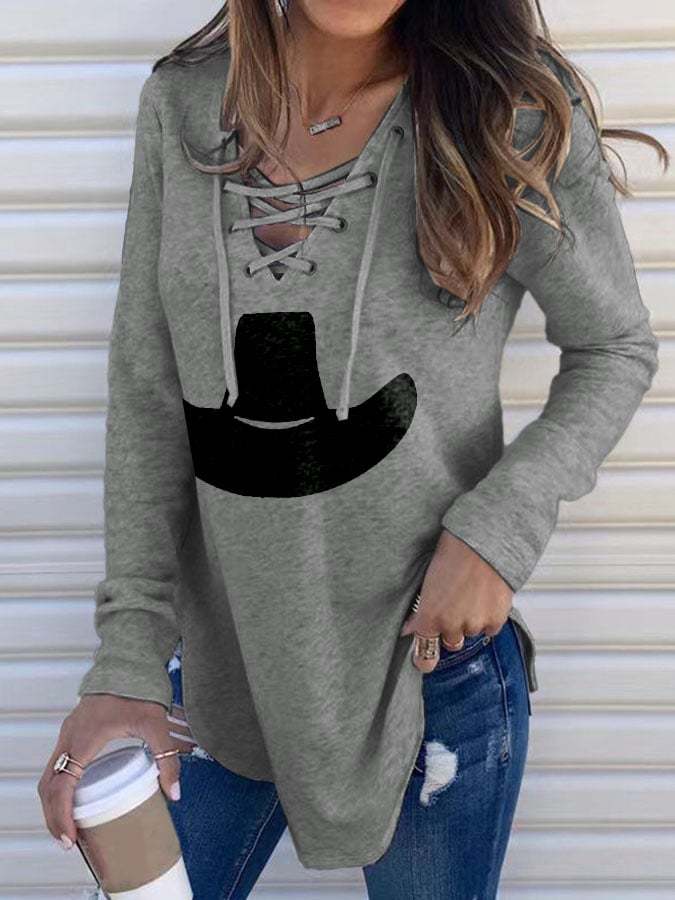 Women's Cowboy Hat Print Lace-up V-Neck Long Sleeve T-Shirt