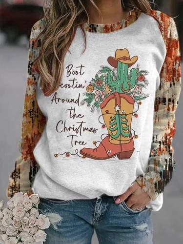 Women's Western Boot Scootin' Around The Christmas Tree Lights Print Sweatshirt