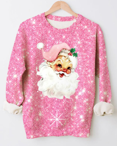 Women's Pink Christmas Santa Print Loose Crewneck Sweatshirt