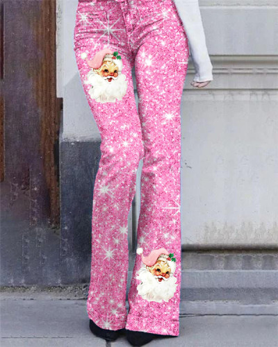 Women's Pink Santa Print Casual Pants