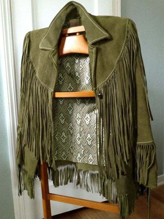 Vintage Ethnic Fleece Fringe Long Sleeve Jacket