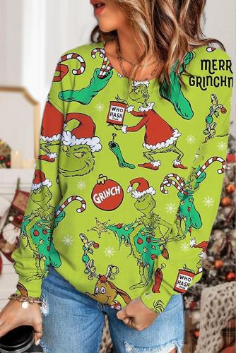 Women's Christmas Grinch Printed Long Sleeve Round Neck Sweatshirt