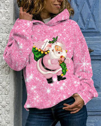 Christmas Pink Santa Print Hoodie Sweatshirt