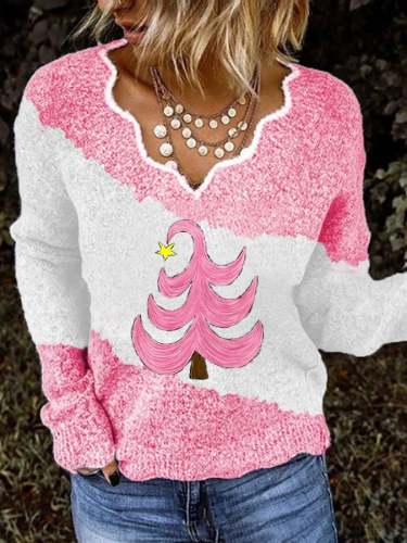 Women's Pink Christmas Tree V-Neck Knitted Top