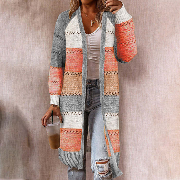 Fashion Color Matching Mid-length Sweater Cardigan