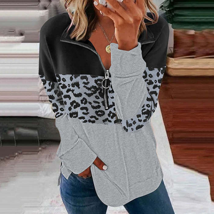 Leopard Panel V-Neck Long Sleeve Sweatshirt