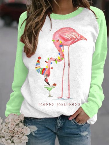 Women's Merry Christmas Flamingo Contrast Print Sweatshirt