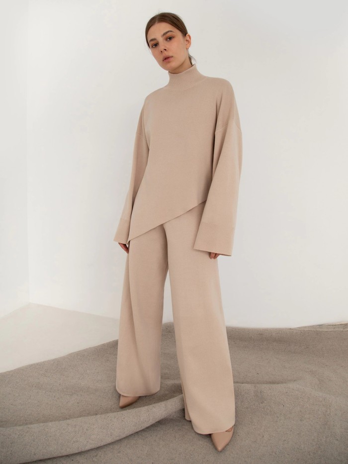 Temperament high neck knitted two-piece set
