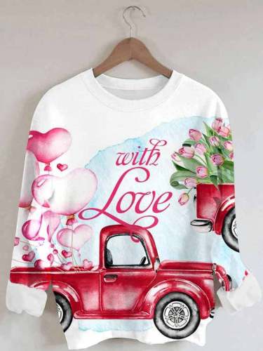 Red Truck With Love Printed Round Neck Long Sleeve Sweatshirt