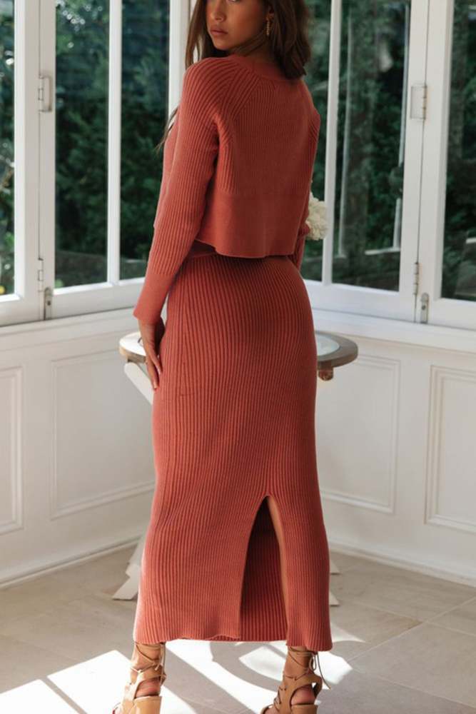 Knitted Crop Top Back Split Skirt Suits