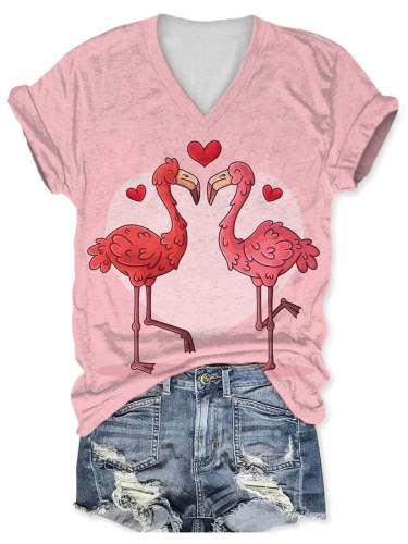 Flamingo Valentine Print V-Neck Short Sleeve T-Shirt