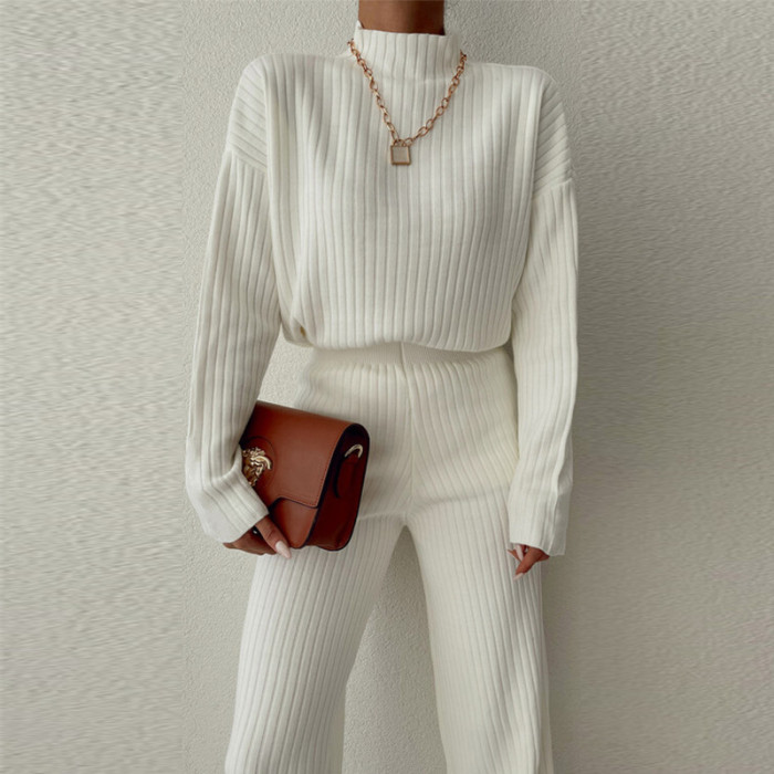 Women's Casual Half High Collar Solid Color Knitted Two-piece Suit