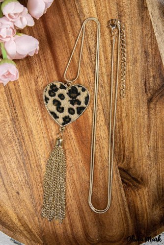 Leopard Print Love Heart Tassel Long Necklace