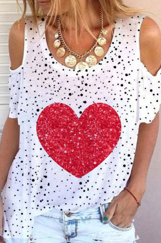 Valentine's Day Red Heart Print Cold Shoulder T-Shirt