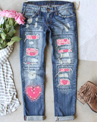 Women's Heart Print Loose Jeans