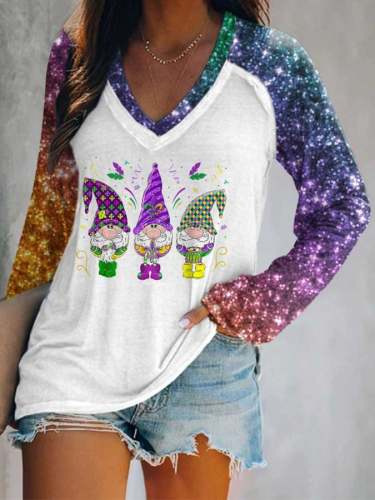 Mardi Gras Gnomes Sequins V-neck Print T-Shirt