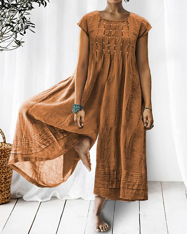 Solid Relaxed Loose Pleated Linen Jumpsuit