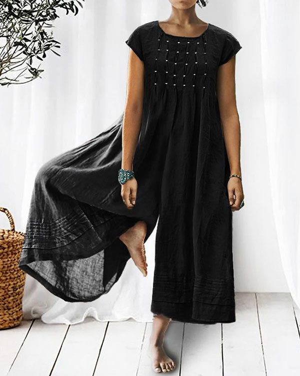 Solid Relaxed Loose Pleated Linen Jumpsuit