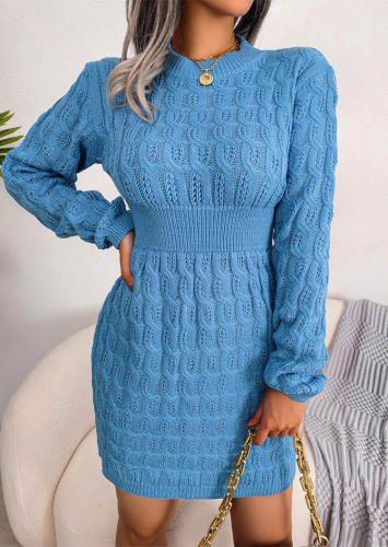 Crochet Long Sleeve O-Neck Sweater Mini Dress - Blue