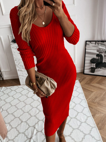 Casual Solid V-Neck Long Sleeve Sweater Maxi Dress