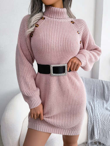 Decorative Button Turtleneck Sweater Dress