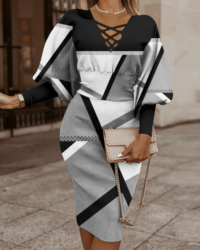 Elegant Geometric Color Block Panel Long Sleeve Regular Midi Dress