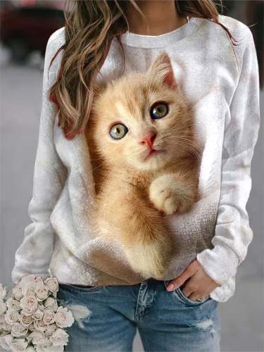 Damenmode-süßes Katzen-Druck-Sweatshirt