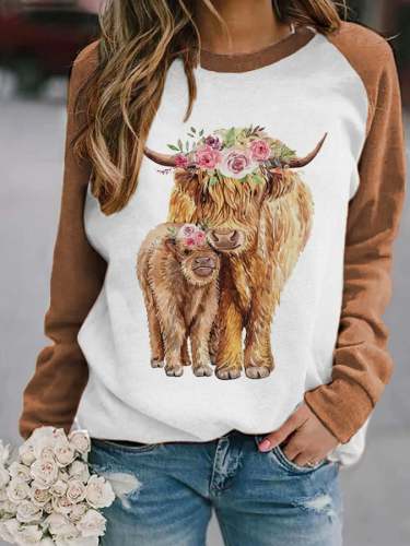 Women's Highland Cow Mom And Baby Print Casual Sweatshirt