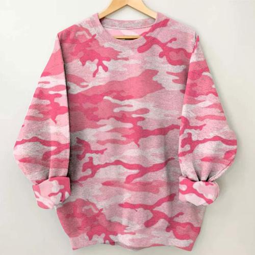 Women's Pink Camouflage Print Round Neck Sweatshirt