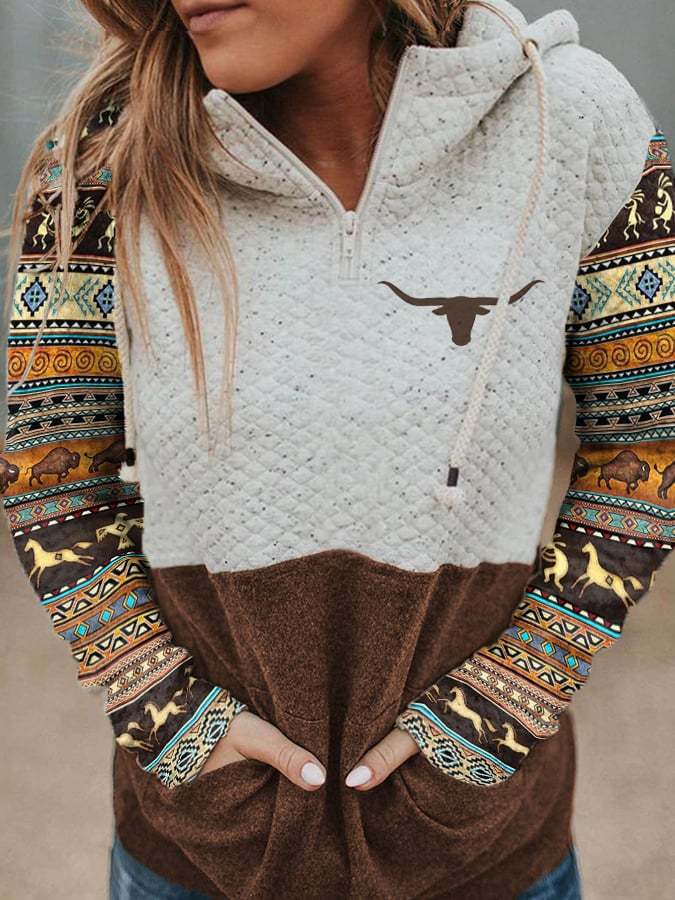 Women's Western Ethnic Style Retro Hooded Splicing Sweater