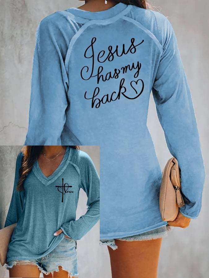 Women's Love Like Jesus Jesus Has My Back Casual V-Neck Long-Sleeve T-Shirt