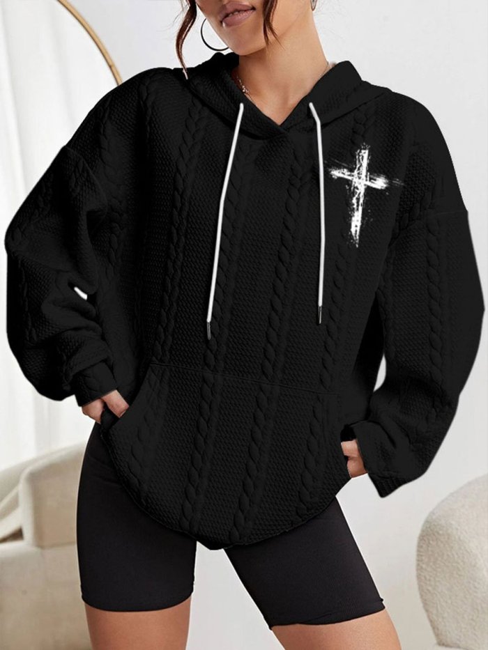 Women's Faith I'm Just Out Here Trusting God Cross Print Cable Hoodie