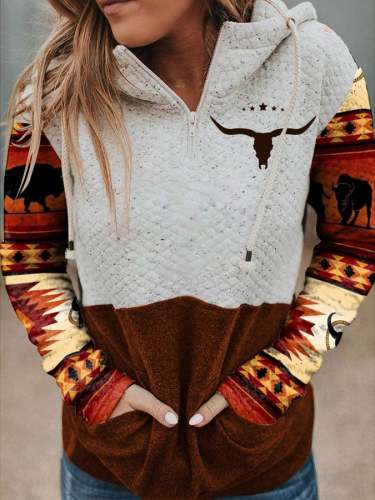 Women's Vintage Western Print Hooded Sweatshirt