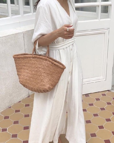 Elegant V-neck Long-sleeved Simple Loose Cotton and Linen Shirt Dress
